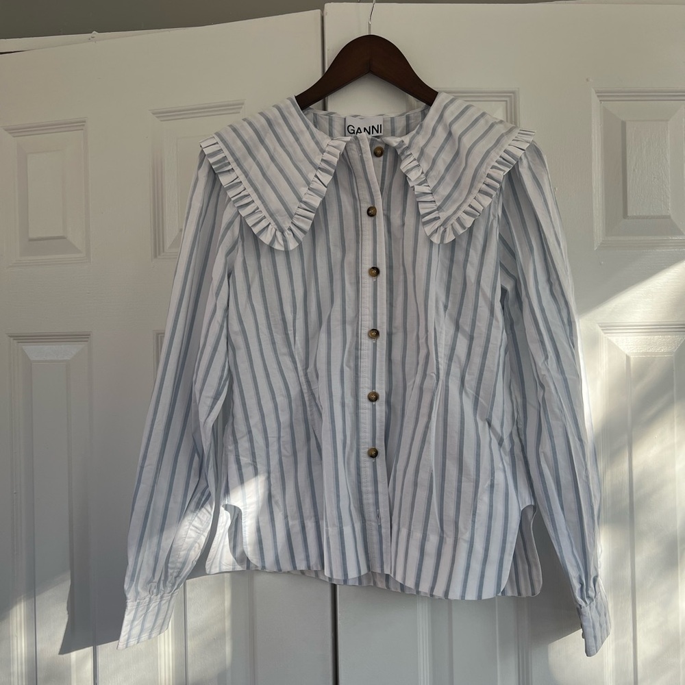 Ganni Blue and White Ruffled Collar Shirt
